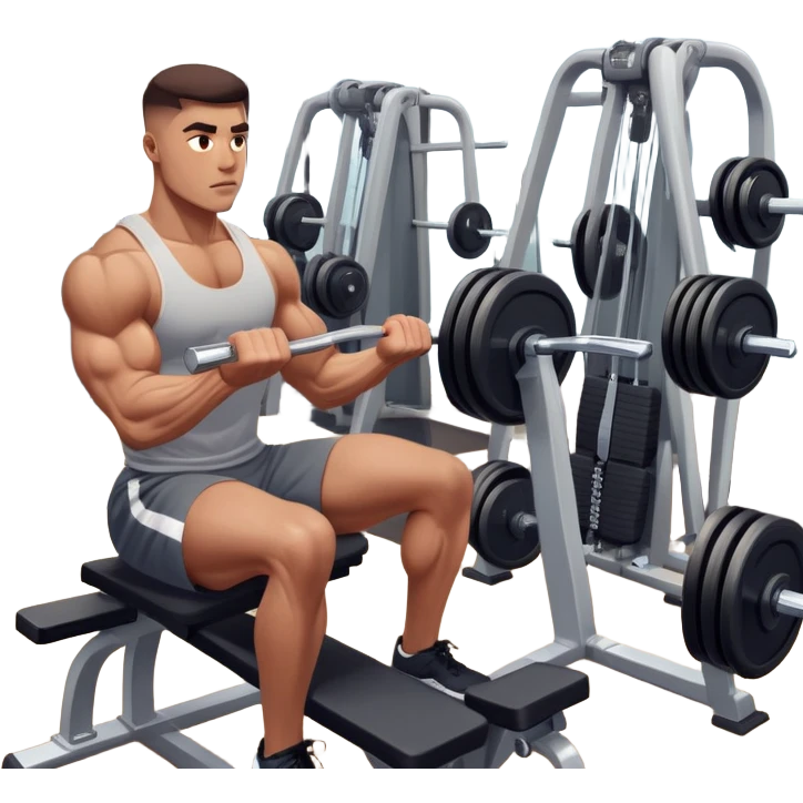 A focused athlete working out on a strength training machine in a modern gym. Muscles engaged, expression determined, demonstrating power and endurance. The gym is filled with equipment like dumbbells, barbells, and mirrors reflecting effort, creating a high-energy atmosphere. emoji