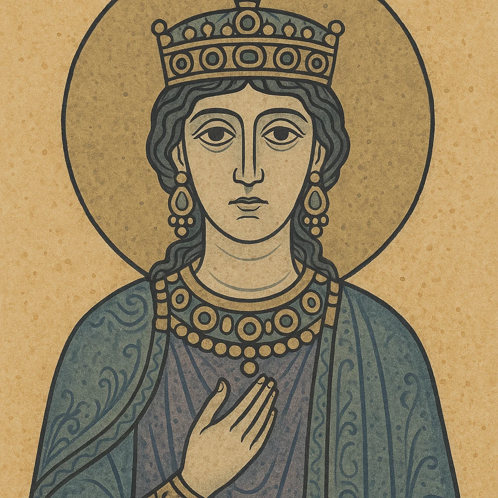 Empress Theodora in mosaic art style, close-up portrait, Byzantine influence, gold background, detailed facial features, ornate jewelry emoji