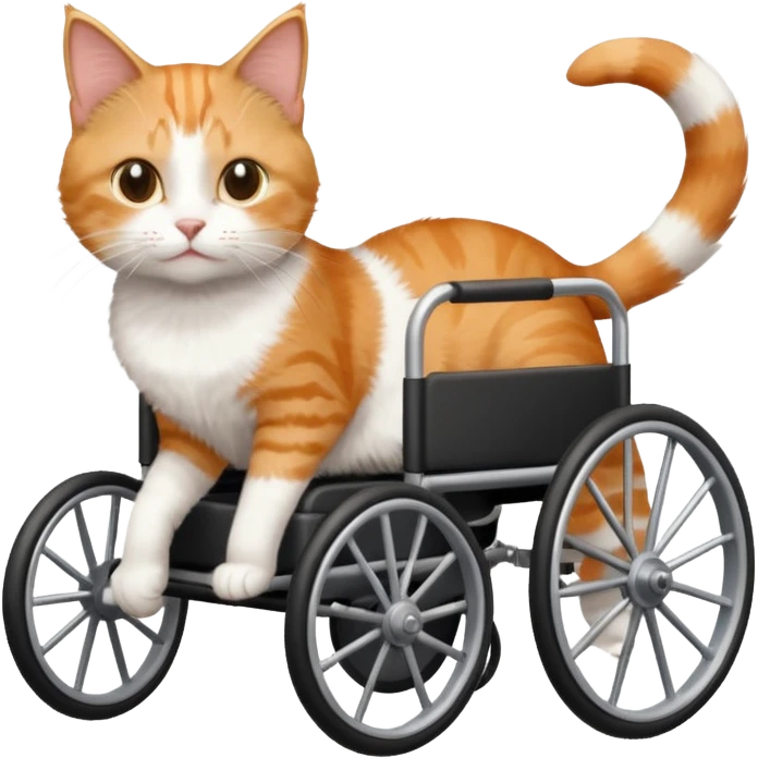 disabled orange tabby and white small cat using cat wheelchair emoji