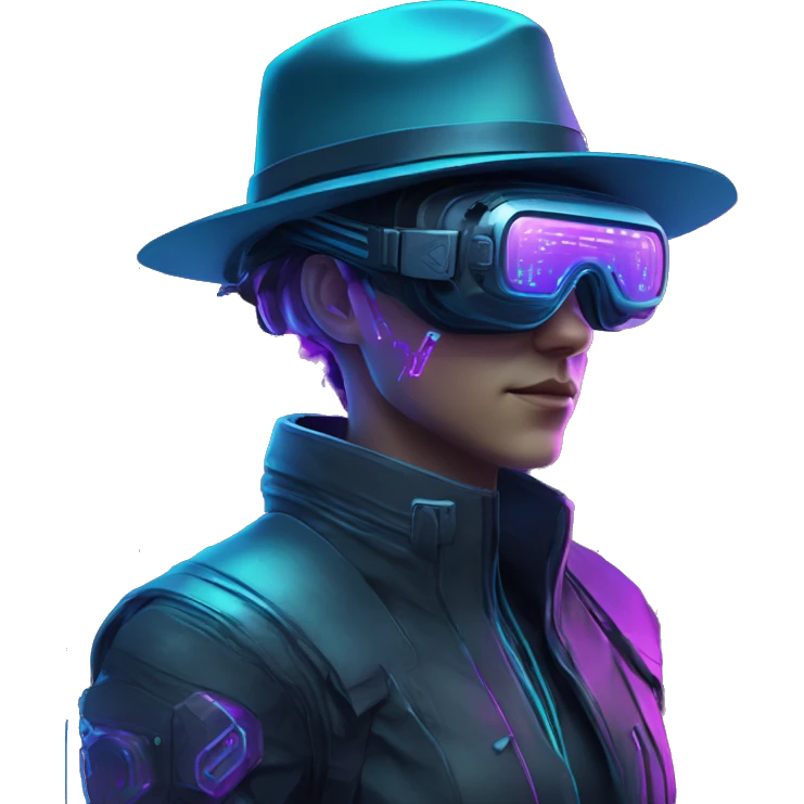 Secret human agent in a hat with  cyberpunk elements in VR googles scanning looking reviewing multicolor lines of code, cyan and purple colors, only upper body portrait emoji