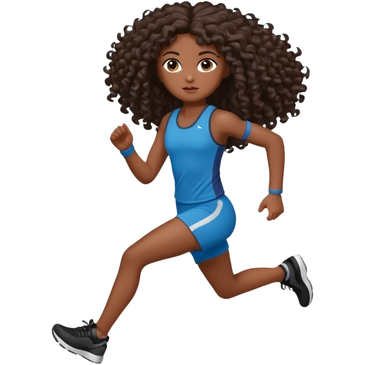 Uma boneca morena escura com olhos castanhos e cabelo cacheado longo até o peito, treinando correndo emoji