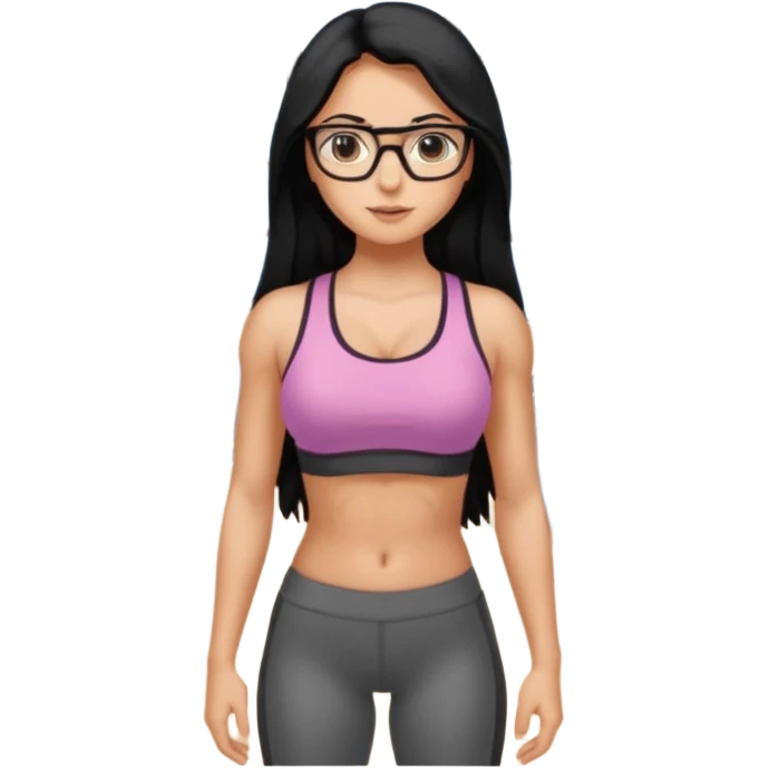 girl with long black hair, brown eyes, medium size breasts, wearing glasses and working out in the gym emoji