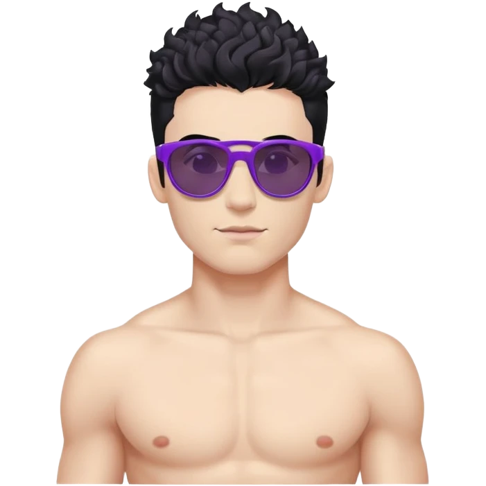 shirtless male athlete with white skin and moderately curly black hair on top with shaved sides, wearing purple sunglasses with black tinted lenses emoji