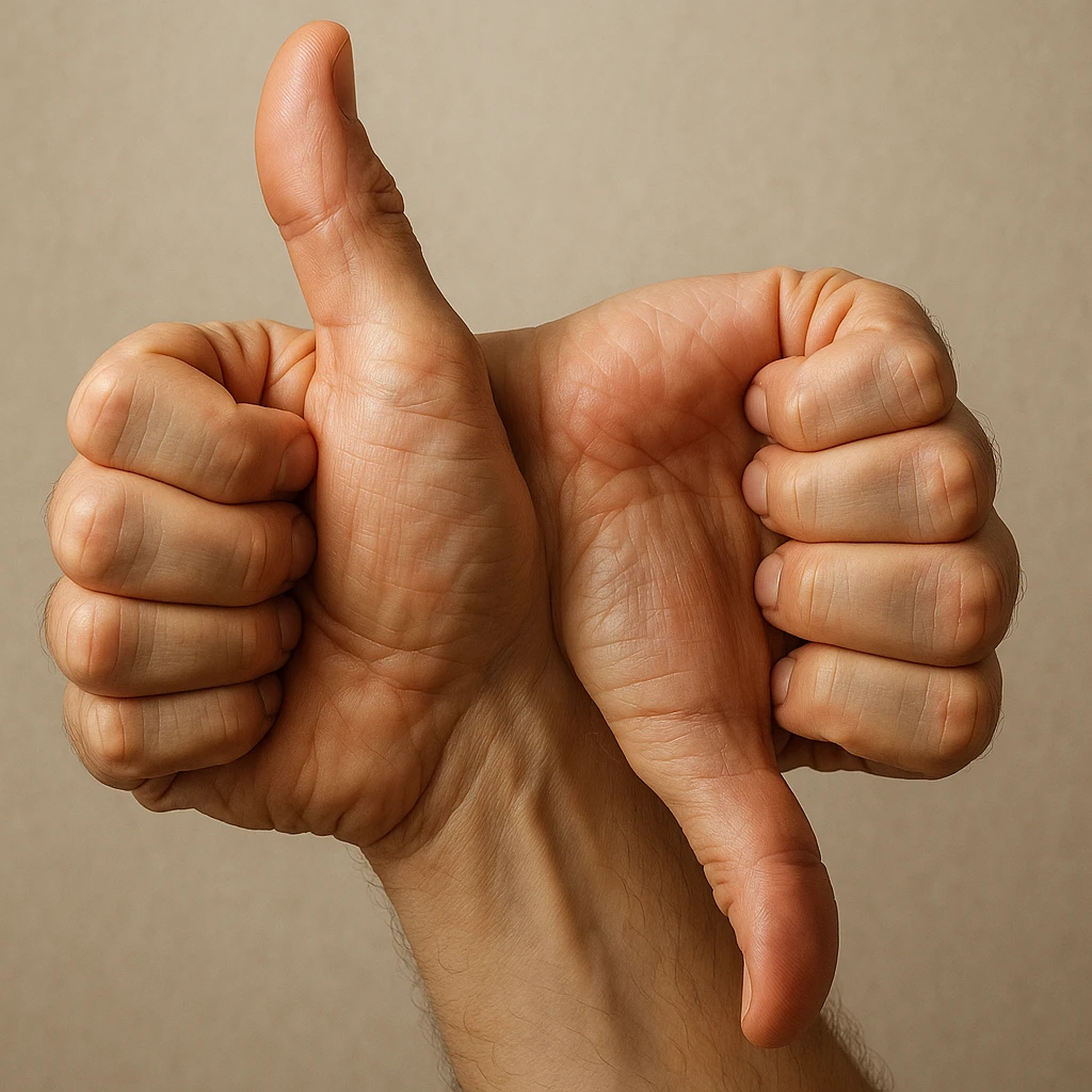 realistic detailed illustration of a hand with two thumbs, one thumb up and one thumb down emoji