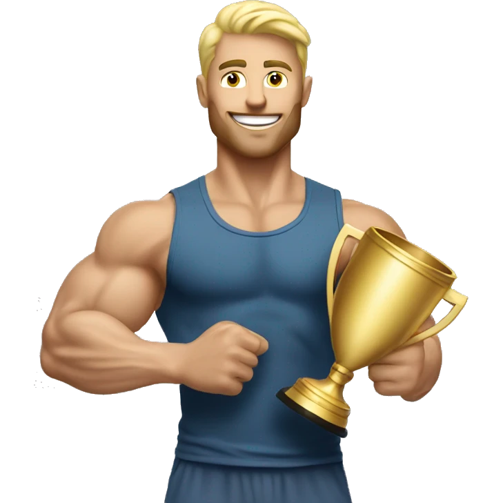 muscle blonde man holding a trophie emoji