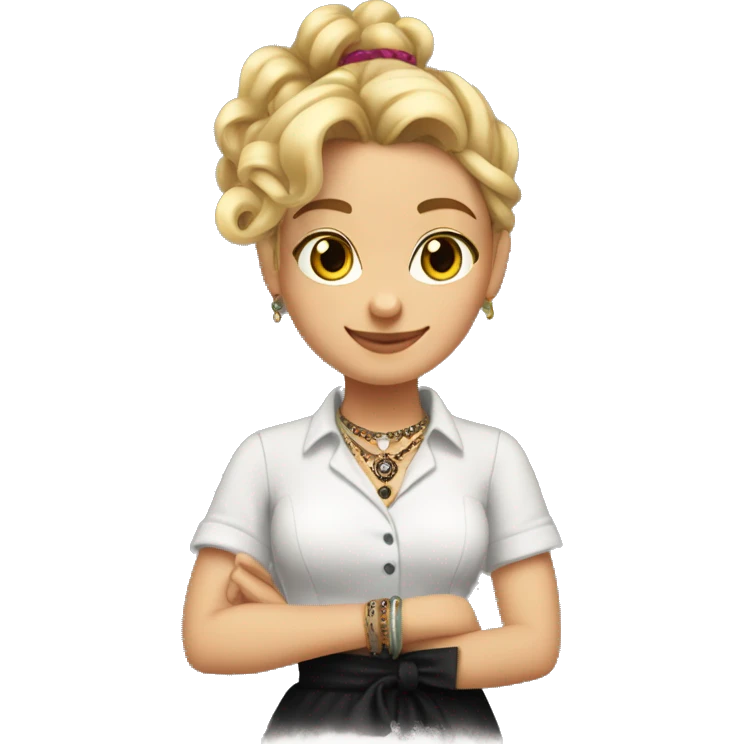 Waitress with white shirt and black apron, curly blonde hair in a pony tail, hazel eyes, lots of bohemian jewelry and bracelets  emoji