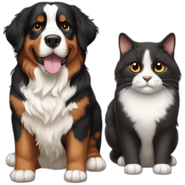 A Bernese dog next to A black and brown tortoiseshell cat without white fur emoji