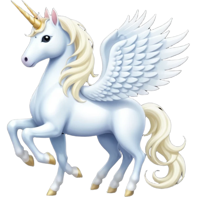 All white Cinematic Noble Unicorn with wings, slender with a flowing mane and tail and spiraled horn emoji