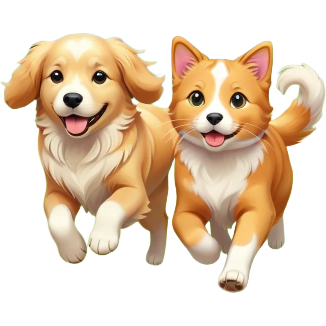 dog and cat running together in a flower meadow emoji