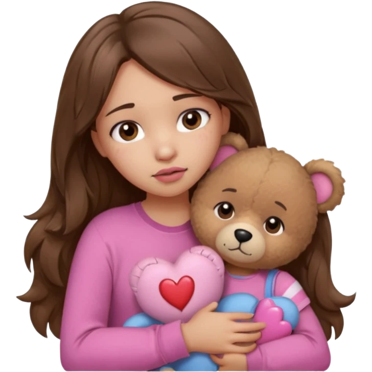 girl with long wavy brown hair, brown eyes, light to medium complexion, in a pink shirt, pink lips, long lashes, sad, hugging squeezing a teddy bear with bandaid hearts emoji
