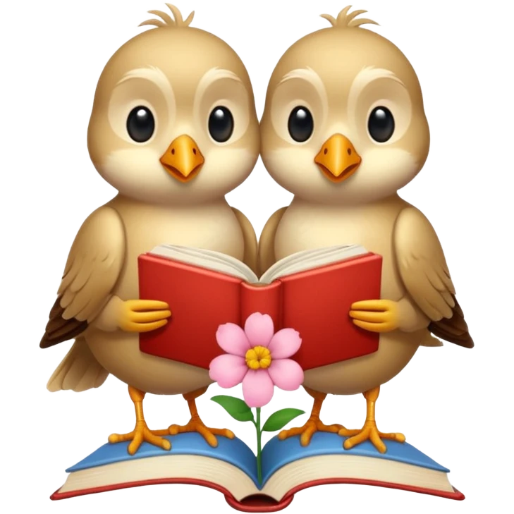 2 beige Birds reading books + flower emoji