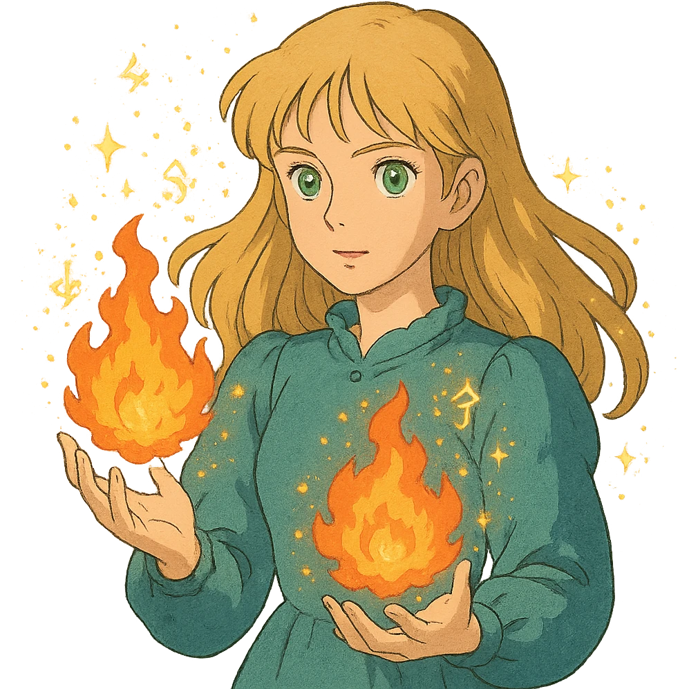blonde woman with green eyes, fireballs in her hands, magical sparkles and glowing runes, ghibli style emoji