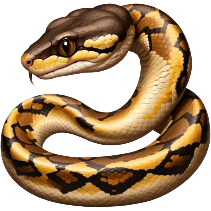 A photo-realistic digital illustration of a Ball Python, large headshot portrait. The snake has a short, rounded snout, smooth contours, and a calm, curious expression. Its head is warm brown with bold, irregular dark markings, including the signature “alien-head” pattern.  emoji