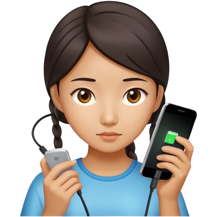  A chinese girl looking at a phone with charging cable emoji