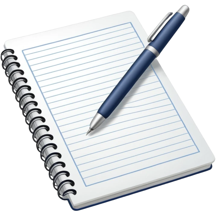 Front-facing notebook icon with a pen on the right side, minimal line-art, clean modern style, perfectly straight angle (no tilt), simple outlines, slightly 3D, no background, transparent, “documenting / journaling / tracking progress emoji