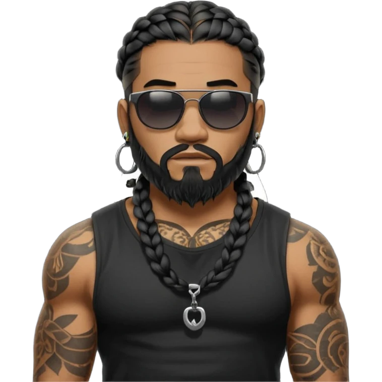 Samoan male. Beard chin.
Untucked loose fitting black t-shirt. 
long black braided hair.
very muscular.
Even More tattoos. 
Tough and menacing.
Dark black square sunglasses. emoji