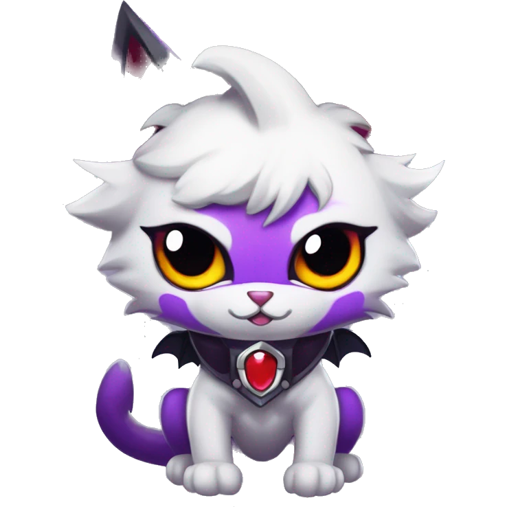 Anthro-Cute-Edgy-Cool-Vampiric-Batty-Cat-Black-Purple-Red-Grey-White-Yellow-Contrast-Colors-Fantasy-Fur-Sona-Chibi-Shiny-Fakémon-Hybrid with horns and big fangs and collar full body emoji