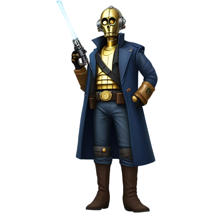 bounty hunter tarnished undercover tough well-equipped Jedi  life-sized darkblue-pearl C3po leather vest clothing pants and vest old west duster coat holding light saber sheriff holstered gun emoji
