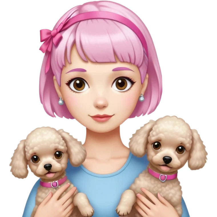 short pixie bangs platinated woman pink hair band，fair-skinned ,no earringsholding two poodles emoji