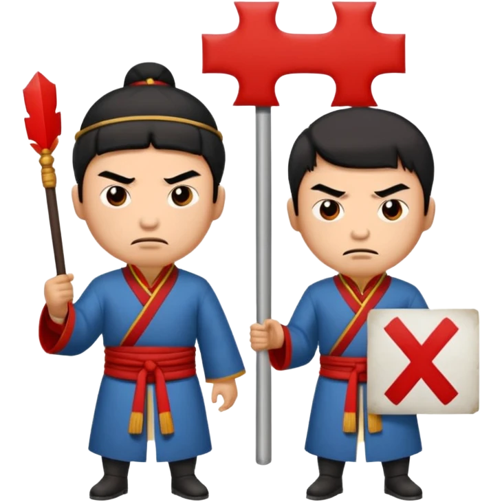 qing empire man who is of han ethnicity who looks angry that is holding a sign that has a red x on it to another man who is not han ethnicity who looks sad emoji