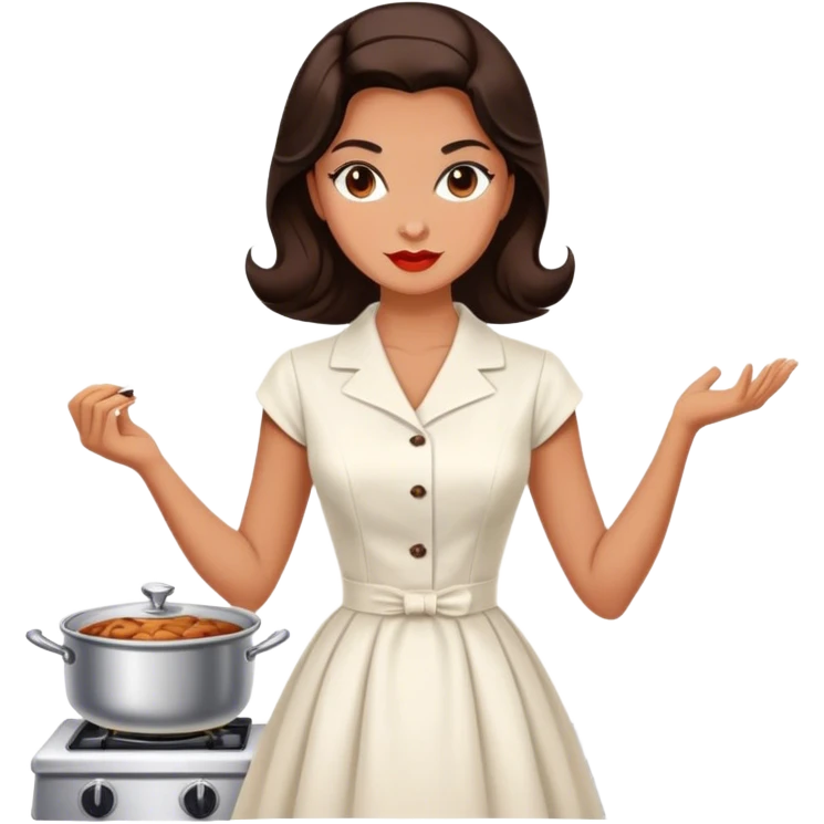 Beautiful woman in 1950’s woman fashion look, white dress, long dark brown hair, cooking emoji