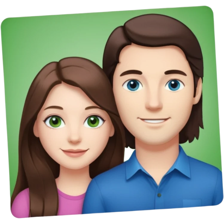“A pink Polaroid-style photo of a couple: a white woman with long brunette hair and blue eyes, and a white man with short brunette hair and green eyes.” emoji
