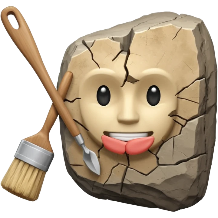 3D render of Archeology Brush, embedded in a chunk of rough sedimentary rock, cracked stone texture, ancient fossil aesthetic,pale wooden handle with dusty beige bristles, matte dry finish, Apple emoji style, isolated on white background --v 6.0. emoji