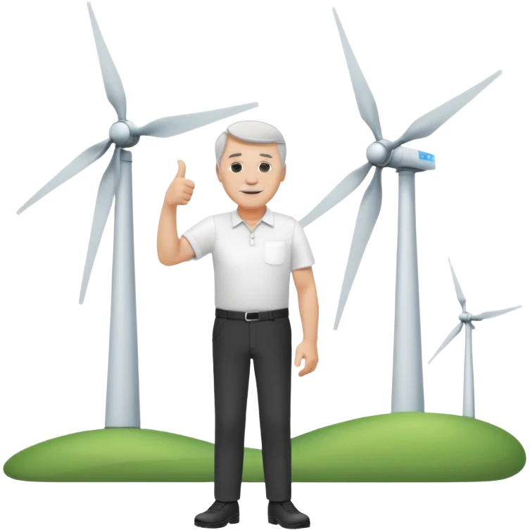 an older white man with grey hair and a white shirt and black pants doing a thumbs up pose, standing next to a silver wind turbine emoji