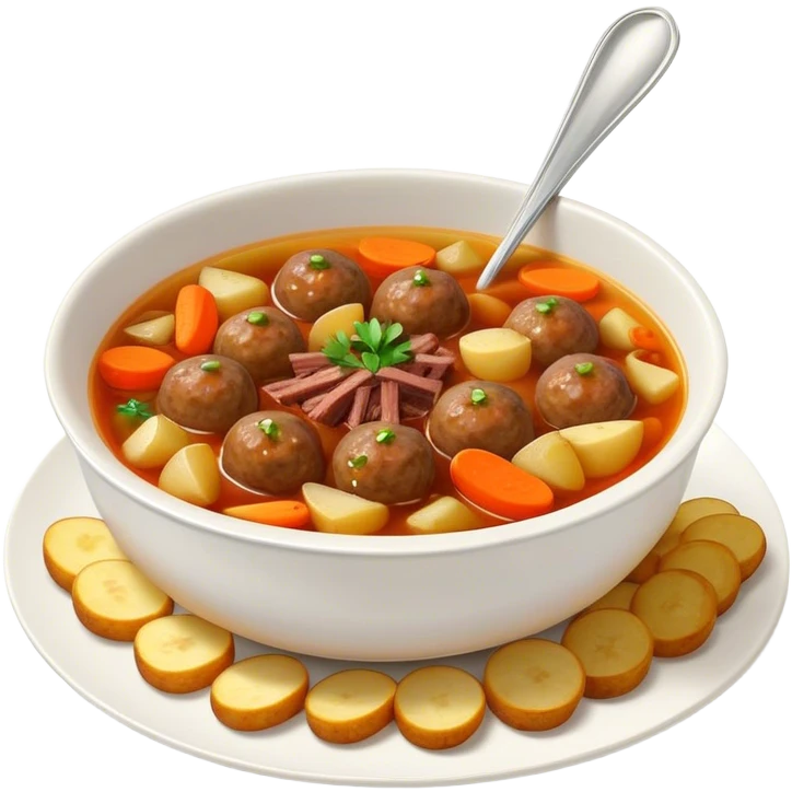 Mongolian meatball soup with sliced beef, carrots, and fried potatoes. emoji
