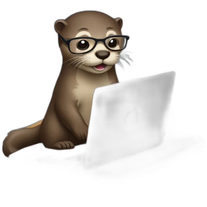 otter wearing eyeglasses leaning against a pillow using a macbook emoji
