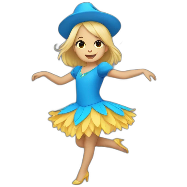 little blonde girl dancing in a blue bird costume emoji