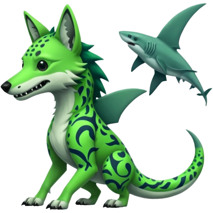 Edgy cool badass Neon-green landhai-sergal-dingo-hyena-wolf-raptor, with a shark tail, with black and dark-green swirly patterns markings emoji
