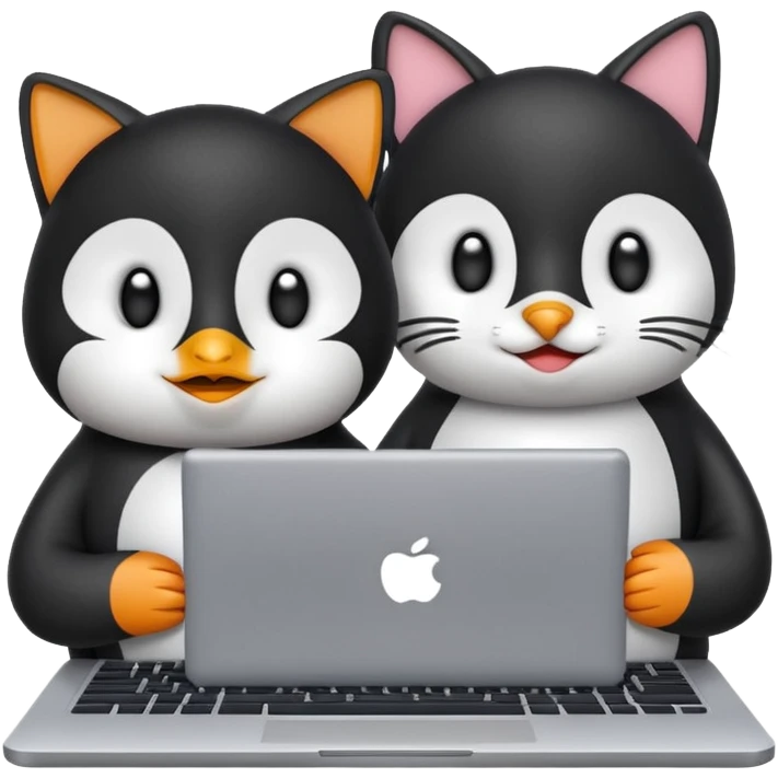 a penguin and a cat typing together on a laptop, emoji style emoji