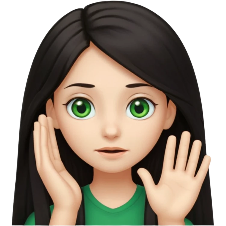 Animated girl dark long hair green eyes emoji with duh facial expression ,one hand on top of her head emoji