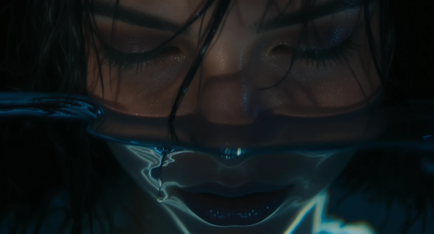 Extreme Closeup photo of a beautifull woman, water reflection on face, low key light, cinematic light, 8K, very detailed, sharp emoji