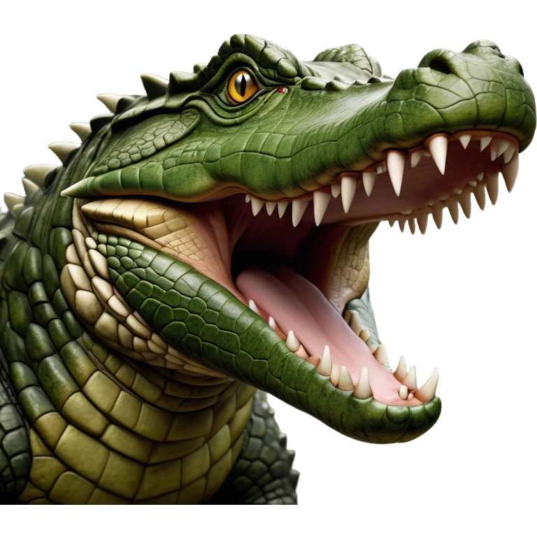 Cinematic Realistic Noble Crocodile Portrait Emoji, Poised and formidable, with a massive, muscular build and a rugged, intricately textured scaly hide in deep olive-green with natural camouflaged patterns, a powerful, fearsome jaw and piercing, ancient eyes rendered in lifelike detail, high shine, intelligent and imposing, styled with an air of primal authority, focused and attentive, soft glowing outline, capturing the essence of a watchful and confident crocodile that appears ready to surge out of the screen with effortless power! emoji
