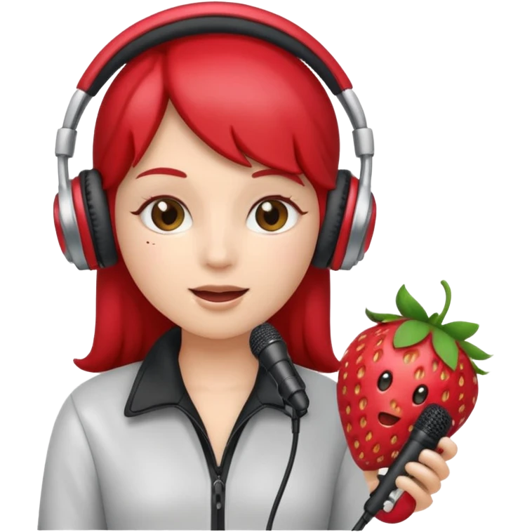 A strawberry holding mic and wear headphone emoji