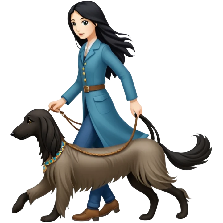 A girl with long black hair walking an Afghan hound emoji