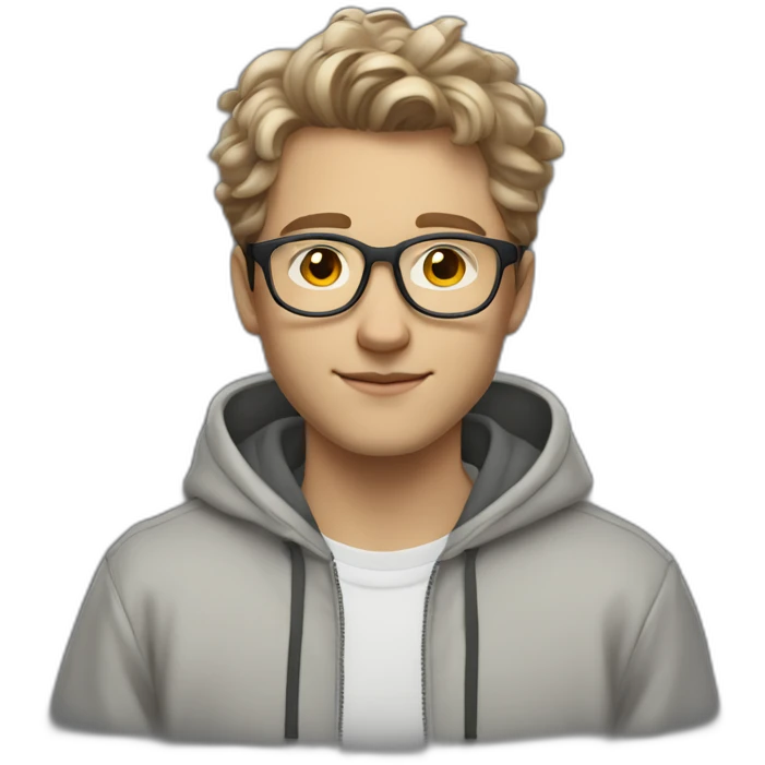 young white guy with medium wavy hair and a fade in light brown color and rounded silver glasses with a grey hoodie on emoji