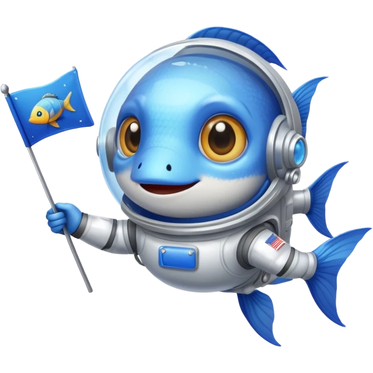 a fish in space suit, holding blue rectangle flag emoji