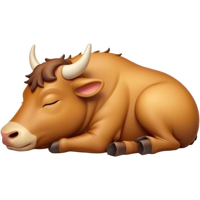 Meme-Worthy Cute Sleeping Domestic Ox Portrait Emoji, Head resting peacefully with a contented smile, showcasing a massive, sturdy build and a luxuriously soft hide, eyes gently closed in serene, restful slumber, Simplified yet hilariously adorable features, highly detailed, glowing with a soft, drowsy natural light, high shine, relaxed and utterly lovable, stylized with an air of playful laziness, soft glowing outline, capturing the essence of a sleeping ox that feels destined to become the next viral sensation of adorable rest! emoji