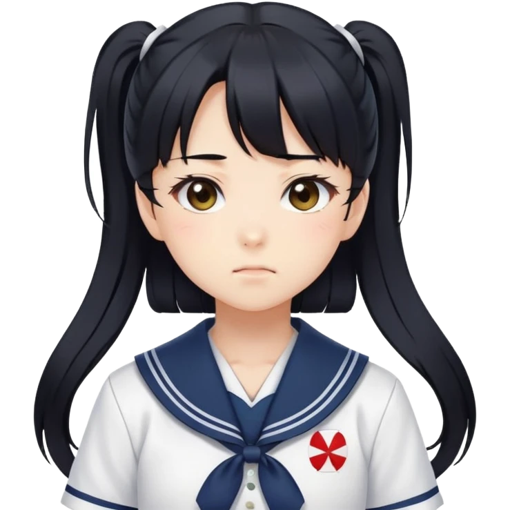 Serious anime girl with long black hair in high ponytail wearing Japanese sailor style school uniform, stern expression, kawaii style emoji