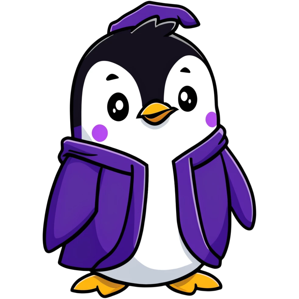 Penguin wizard with a flowing purple robe and long white beard emoji