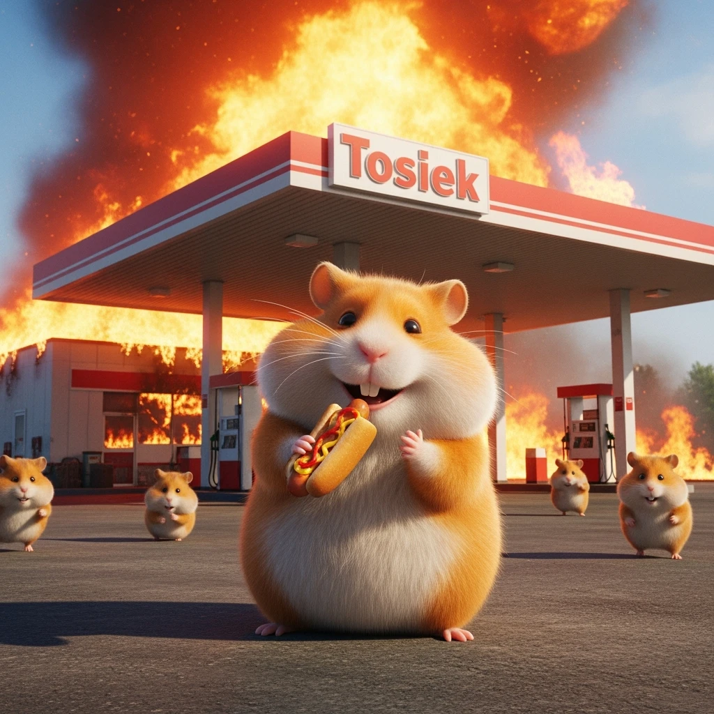 Cinematic still of A portrait of a fat hamster eating hotdog on gas station, gas station is in fire, other hamster fun away, sunny day, back light explosion , gas station named "Tosiek" (Realistic) emoji