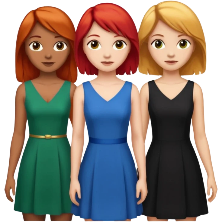 Can you create an image of 3 friends together one with red bright hair light skin one the other with brown hair with some blonde highlights in the hair fair skin the last one with light brown a tint of orange hair and black long hair with brown with dresses emoji