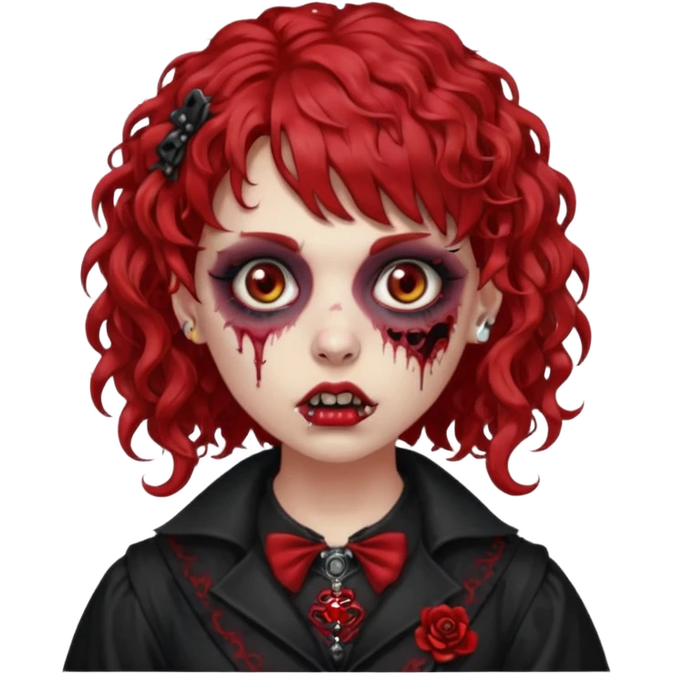 zombie girl red hair cacheado médio e franja, com piercings na boca, nariz e sobrancelha,  roupa gótica  emoji
