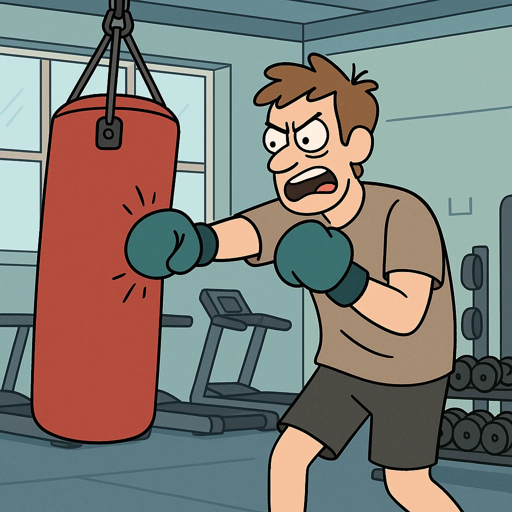 Hit a punching bag – to punch a padded bag for exercise or stress relief.
He went to the gym to hit a punching bag and blow off steam. Background Gym
 emoji