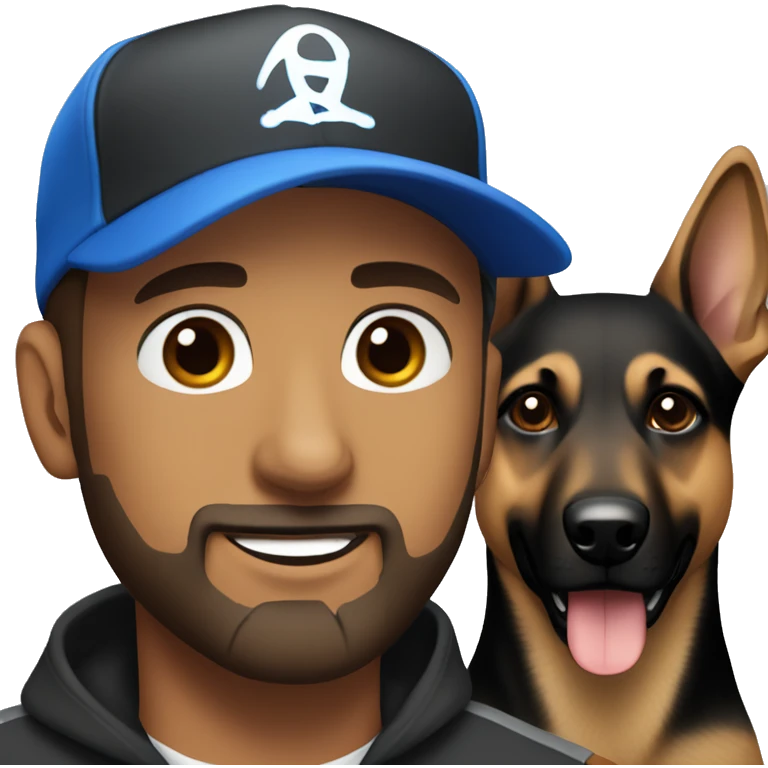 white male with blue eyes, a black beard and a baseball hat alongside a black and brown german shepherd  emoji