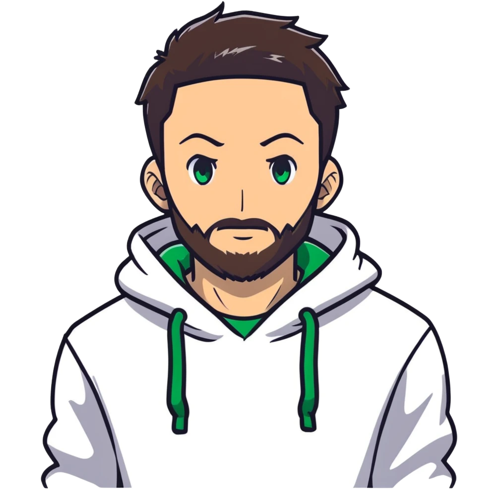 anime style man with short full beard, dark brown undercut hairstyle, white hoodie, and green eyes emoji
