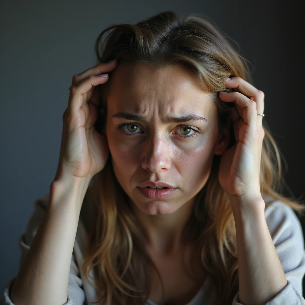 woman with hands in hair, stressed and nervous expression, hyperrealism 4K, variation 6 emoji